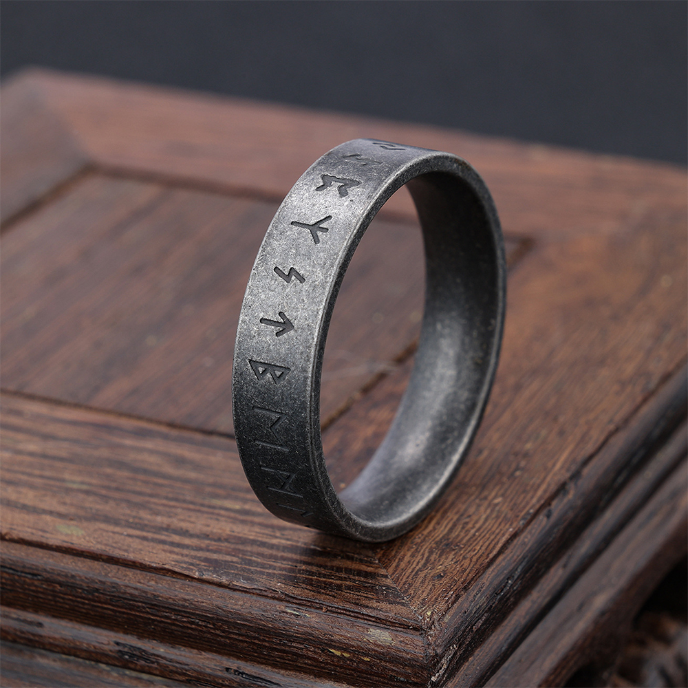 Norse Viking Elder Futhark Full Runic Alphabet Band Ring | 316L Stainless Steel Antique Unisex Simple Protective Ring