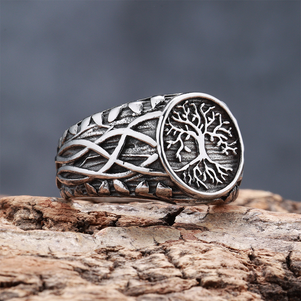 Norse Viking Yggdrasil World Tree Celtic Knot Signet Ring | 316L Stainless Steel Antique Unisex Wide Protective Ring