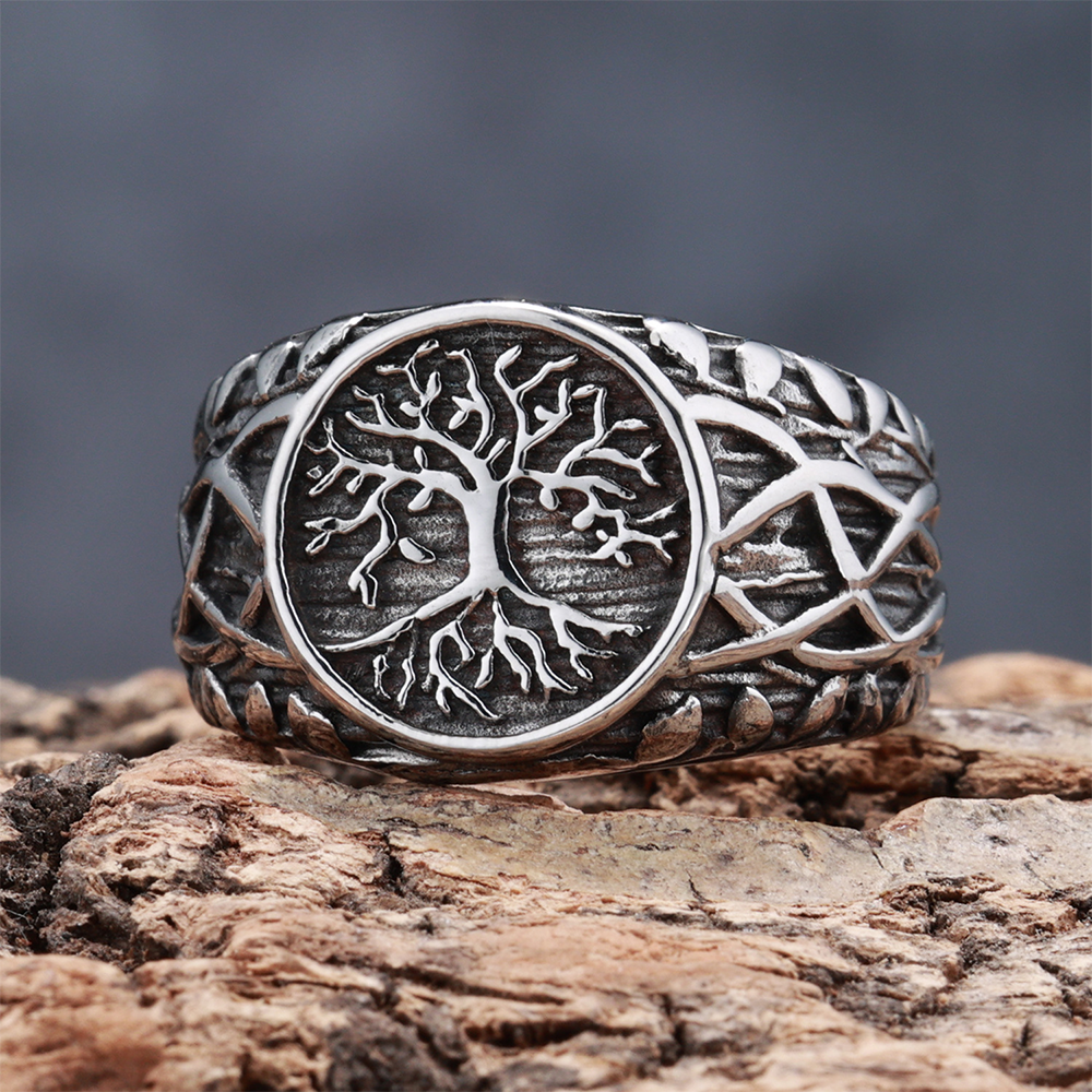 Norse Viking Yggdrasil World Tree Celtic Knot Signet Ring | 316L Stainless Steel Antique Unisex Wide Protective Ring