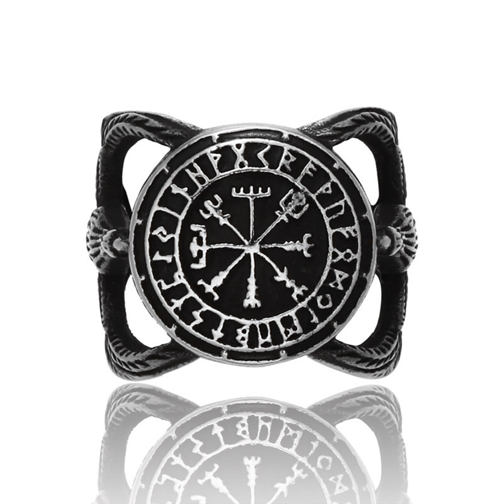 Norse Viking Vegvisir Wayfinder Raven Openwork Ring | 316L Stainless Steel Antique Unisex Travel Protective Ring
