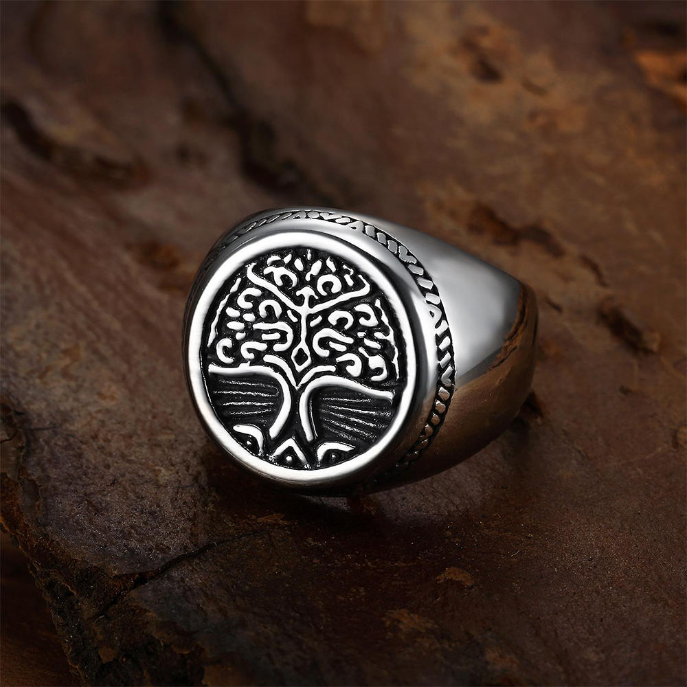Norse Viking Yggdrasil Tree of Life Signet Ring | 316L Stainless Steel Antique Engraved Unisex Protective Ring
