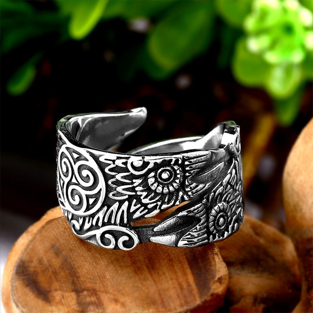 Viking Odin Raven Huginn & Muninn Open Ring | 316L Stainless Steel Antique Engraved Triskelion Unisex Norse Wisdom Band