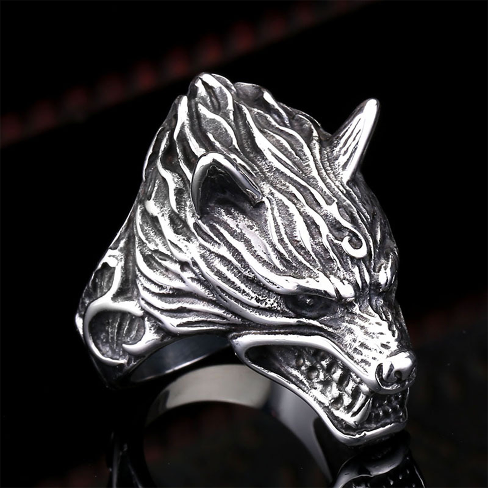 Viking Fenrir Roaring Wolf Head 3D Ring, 316L Stainless Steel Antique Embossed Norse Mythology Unisex Strength Amulet 