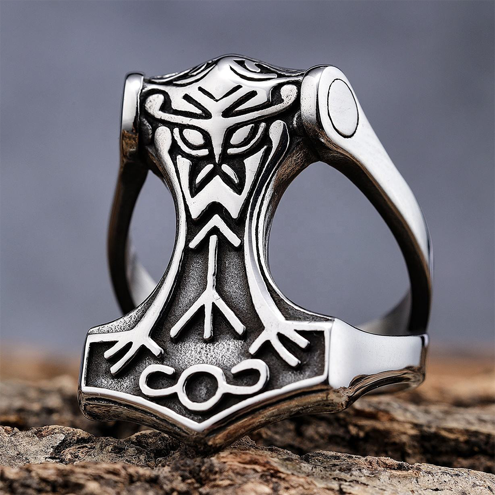 Viking Mjolnir Thor's Hammer Rune Ring | 316L Stainless Steel Antique Hollow Unisex Norse Protective Band