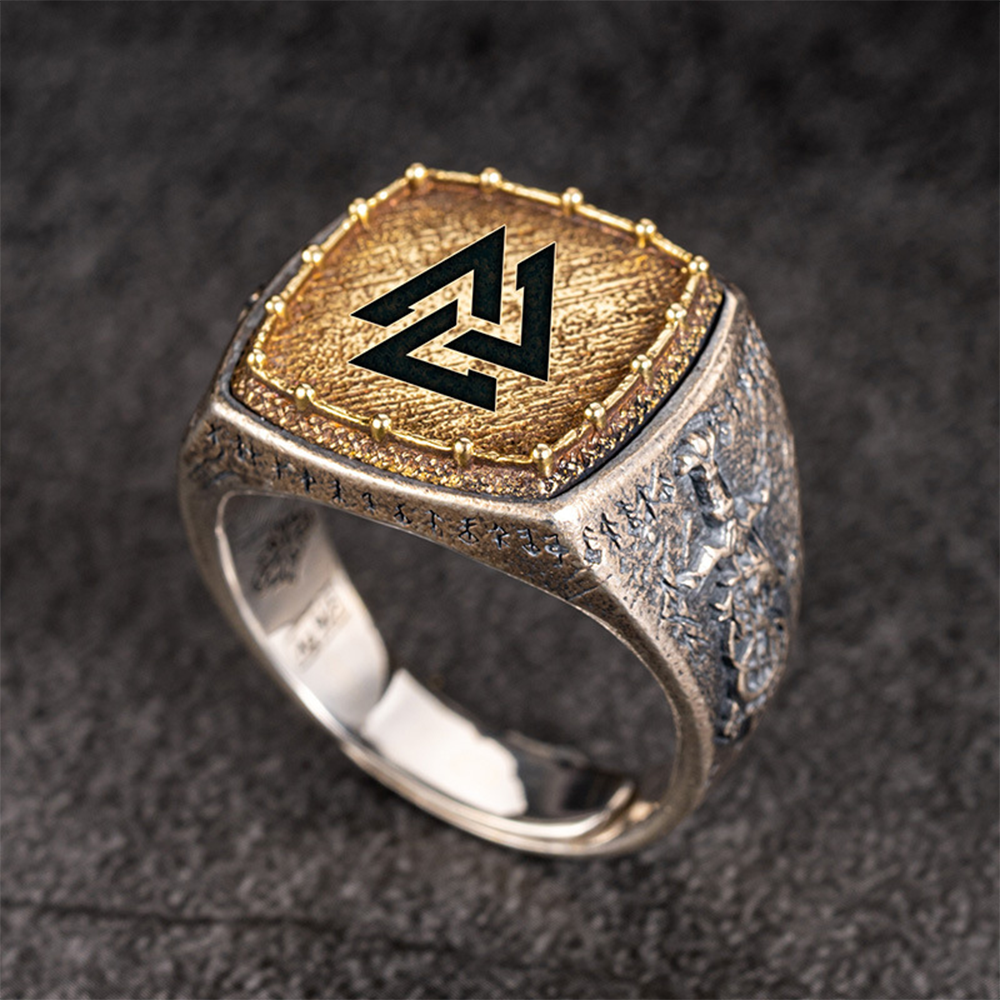 Viking Valknut Odin's Knot Signet Ring | Gold Plated Solid Silver Antique Norse Unisex Nordic Band
