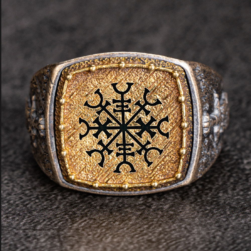 Viking Ægishjálmur Helm of Awe Signet Ring | Gold Plated Solid Silver Antique Norse Protective Band