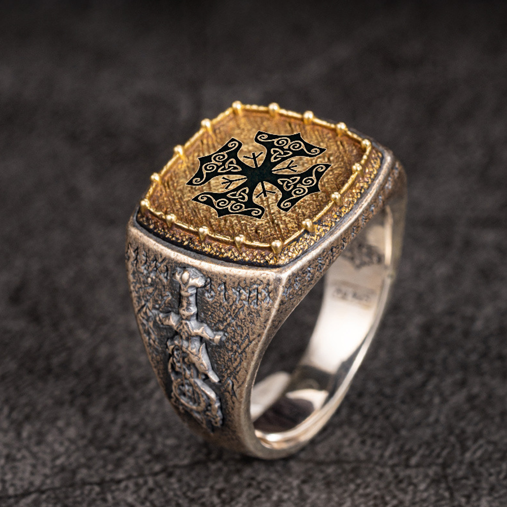 Norse Quad Triskele Signet Ring | Gold Plated Solid 925 Silver Antique Celtic Viking Protective Band