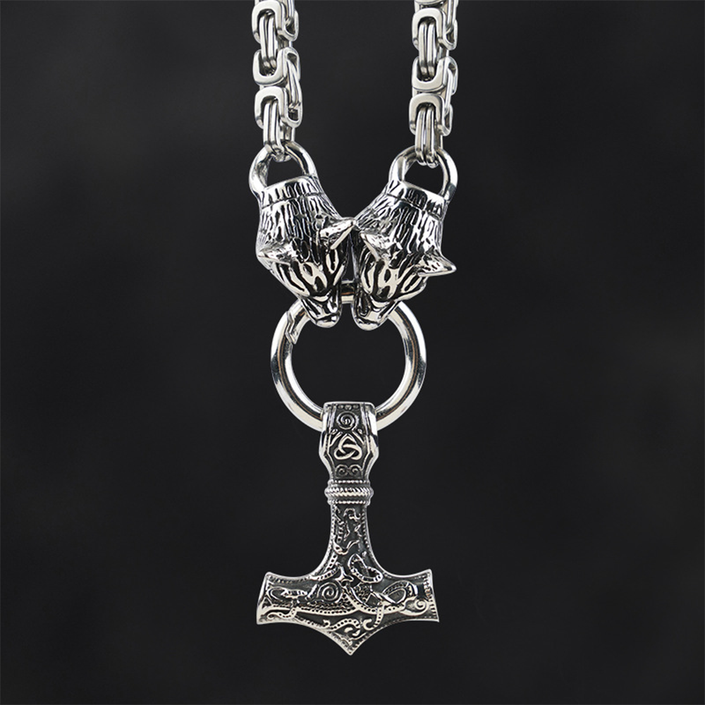Viking Odin Geri Freki Wolf Mjolnir Necklace | 316L Stainless Steel Norse Protective Pendant
