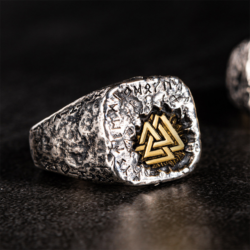 Viking Valknut Signet Ring | Gold Plated Solid 925 Silver Antique Norse Odin Protective Band
