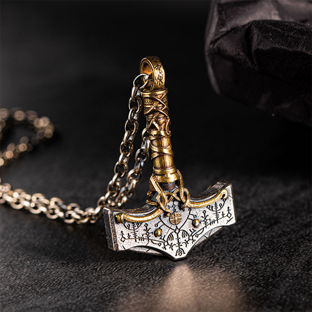 Norse Mythology Thor Mjölnir Hammer Pendant | Vegvisir Viking Compass Runes, 316L Stainless Steel, Gold Plated & Sterling Silver Option, Unisex Viking Amulet Necklace