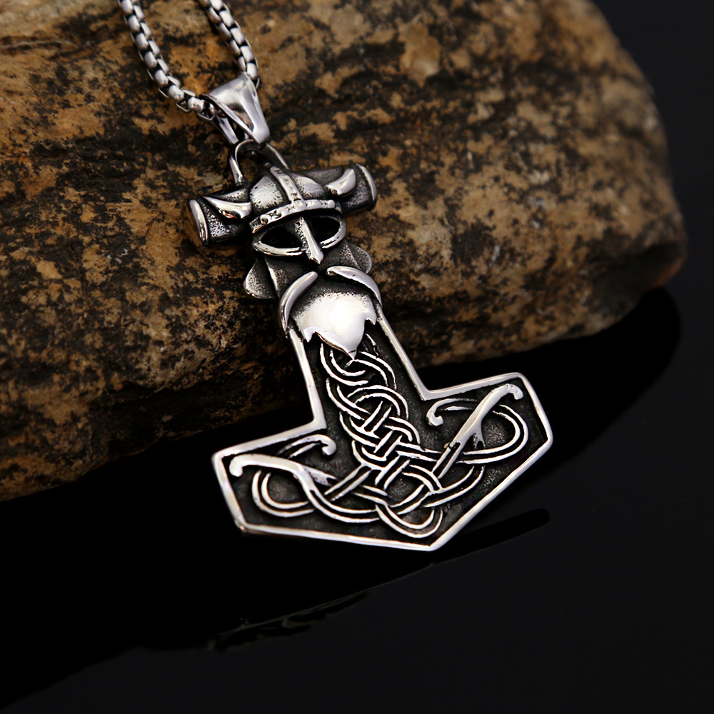 Viking Warrior Helmet Mjolnir Thor's Hammer Necklace | 316L Stainless Steel Norse Protective Pendant
