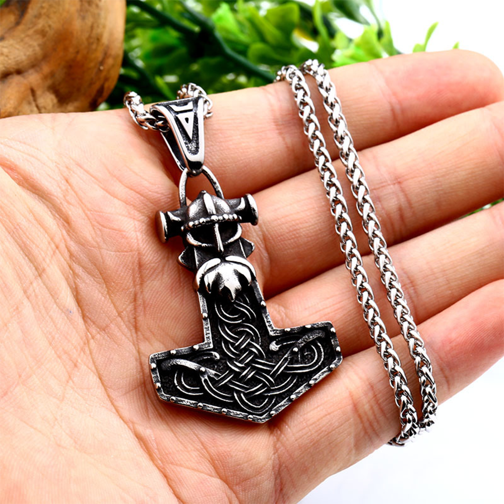 Viking Warrior Helmet Mjolnir Thor's Hammer Necklace | 316L Stainless Steel Norse Protective Pendant