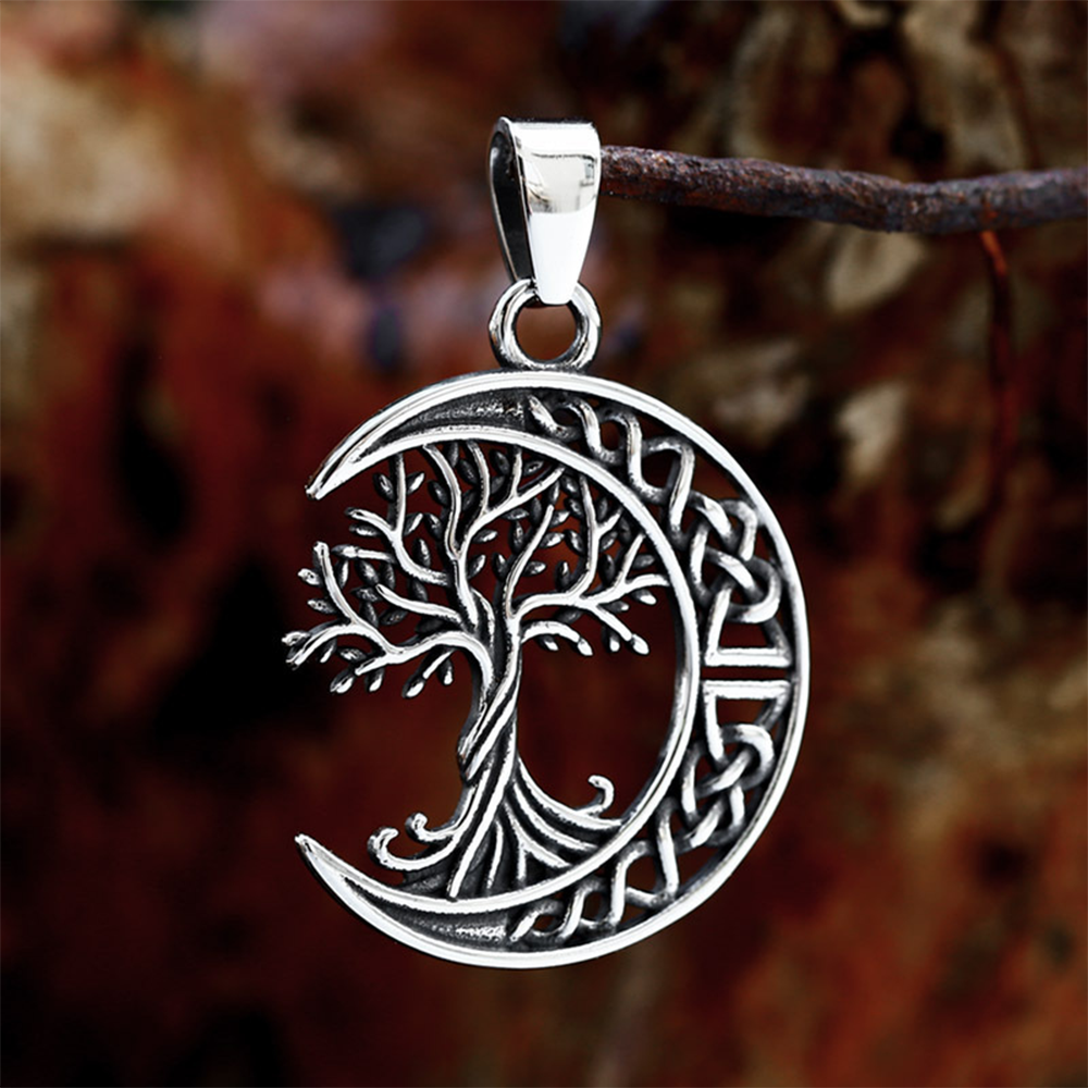 Viking Yggdrasil Tree of Life Crescent Moon Necklace | 316L Stainless Steel Celtic Rune Pendant