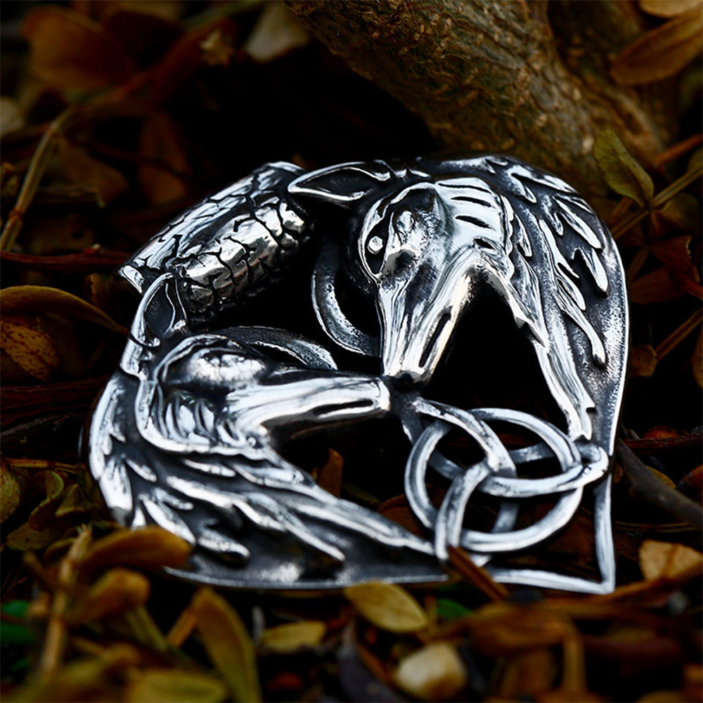Viking Odin Geri Freki Wolf Heart Necklace | 316L Stainless Steel Celtic Triquetra Pendant