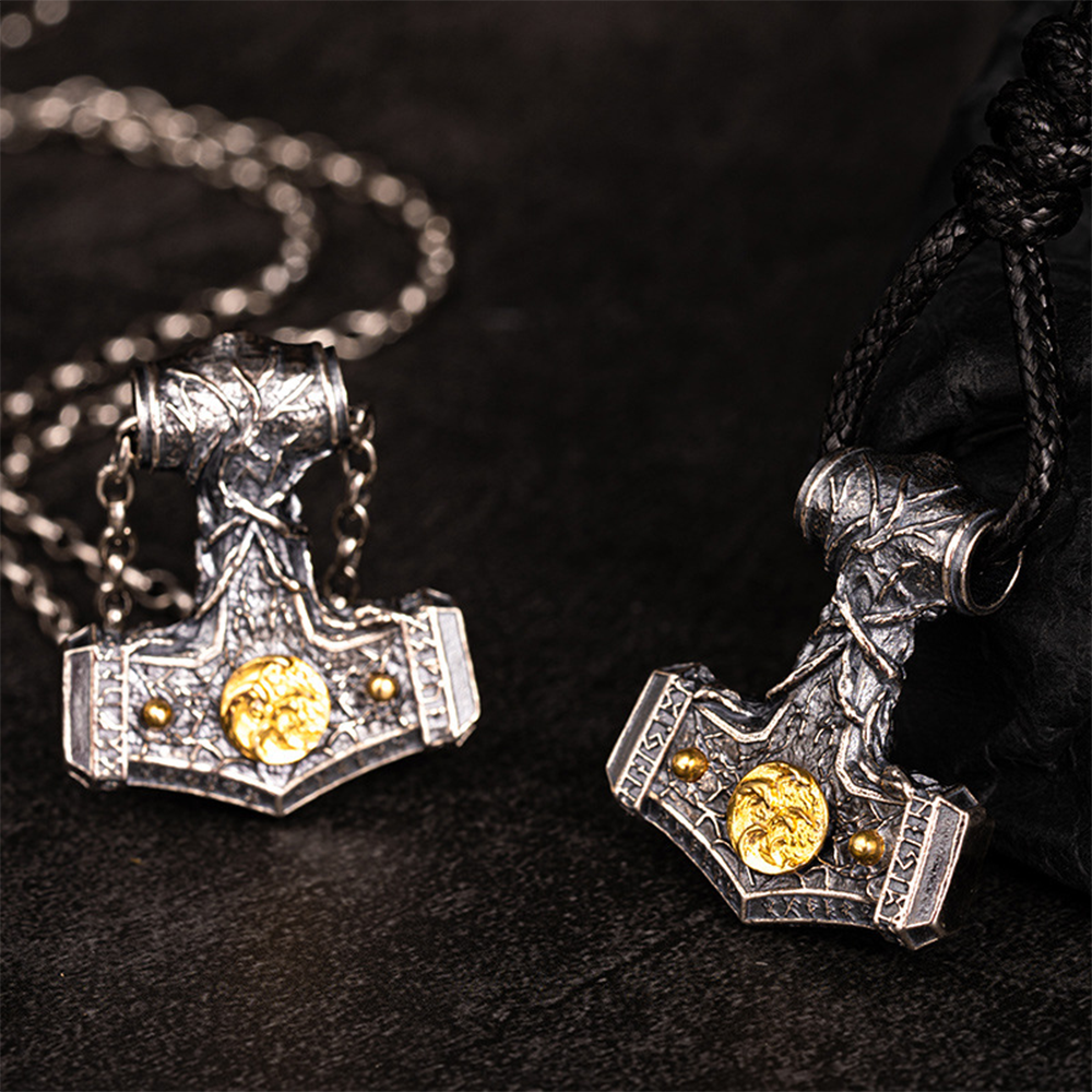 Norse Mythology Yggdrasil World Tree Mjolnir Thor’s Hammer Pendant | Rune Carving Two-Tone Relief, 316L Stainless Steel, Gold Plated & Sterling Silver Option, Unisex Viking Amulet Necklace