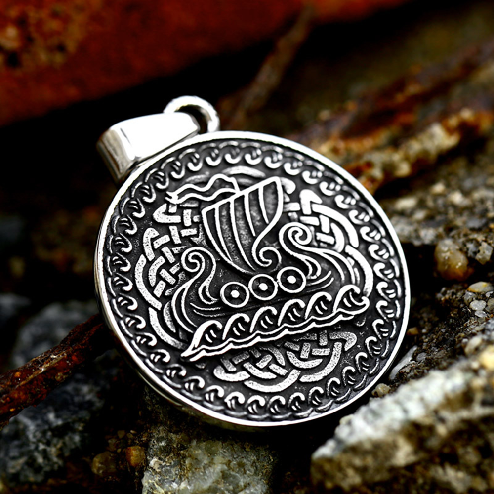 Norse Mythology Double Sided Viking Round Pendant | Drekar Longship Relief on Front, Yggdrasil World Tree on Back, 316L Stainless Steel Unisex Viking Voyage Amulet Necklace