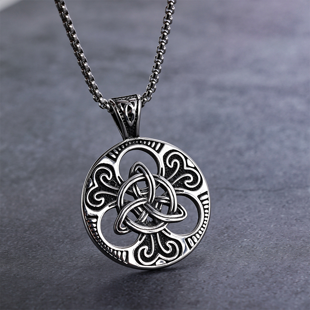 Norse Celtic Triquetra Trinity Knot Openwork Round Pendant | Celtic Knot Amulet, 316L Stainless Steel Unisex Eternal Protection Necklace
