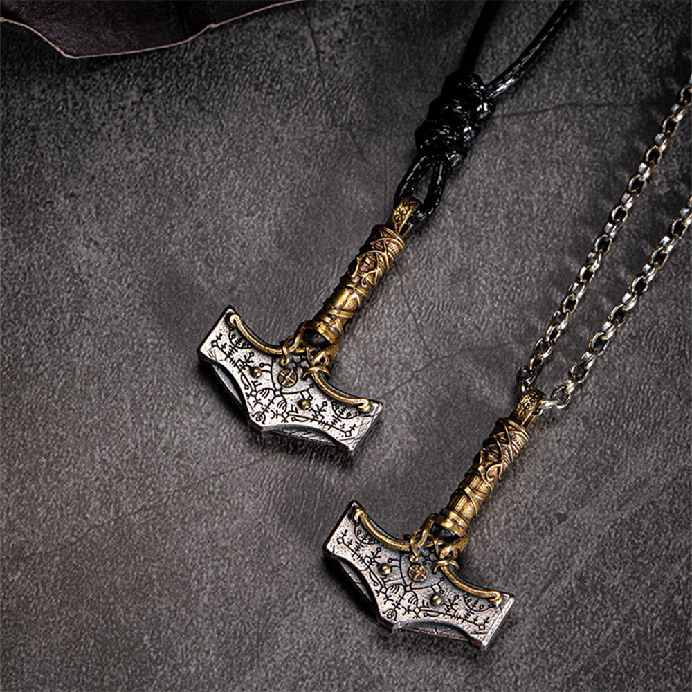 Norse Mythology Thor Mjölnir Hammer Pendant | Vegvisir Viking Compass Runes, 316L Stainless Steel, Gold Plated & Sterling Silver Option, Unisex Viking Amulet Necklace
