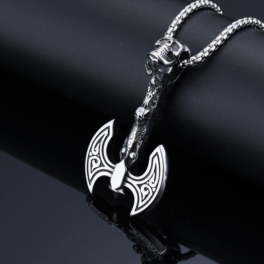 Norse Viking Skull Double Battle Axe Pendant | Celtic Spiral Norse Warrior Amulet, 316L Stainless Steel Unisex Courage & Strength Necklace