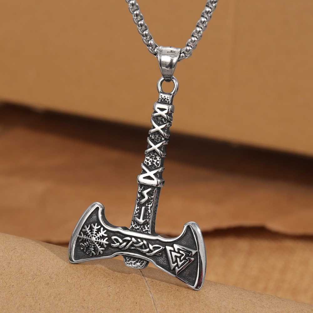 Norse Viking Rune Battle Axe Pendant | Valknut & Aegishjalmr Warrior Amulet, 316L Stainless Steel Unisex Courage & Protection Necklace