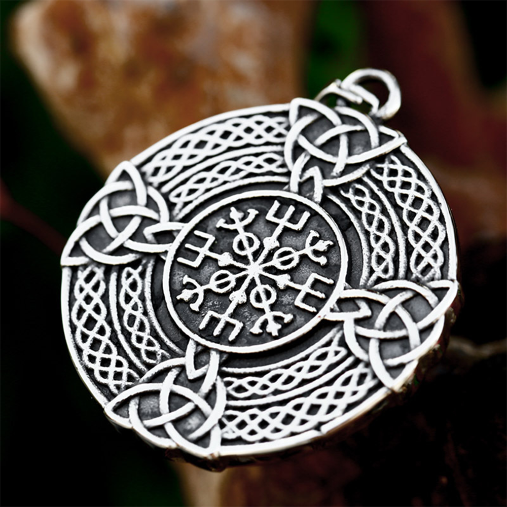 Norse Viking Aegishjalmr Helm of Awe Round Pendant | Celtic Triquetra Knot Amulet, 316L Stainless Steel Unisex Protection Necklace