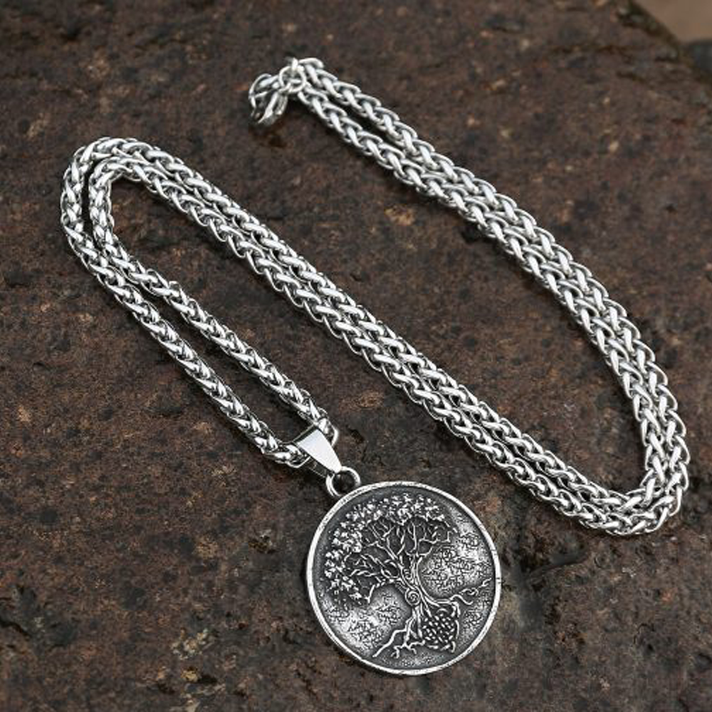 Norse Viking Yggdrasil World Tree Round Pendant | Tree of Life Amulet, 316L Stainless Steel Unisex Life & Family Protection Necklace