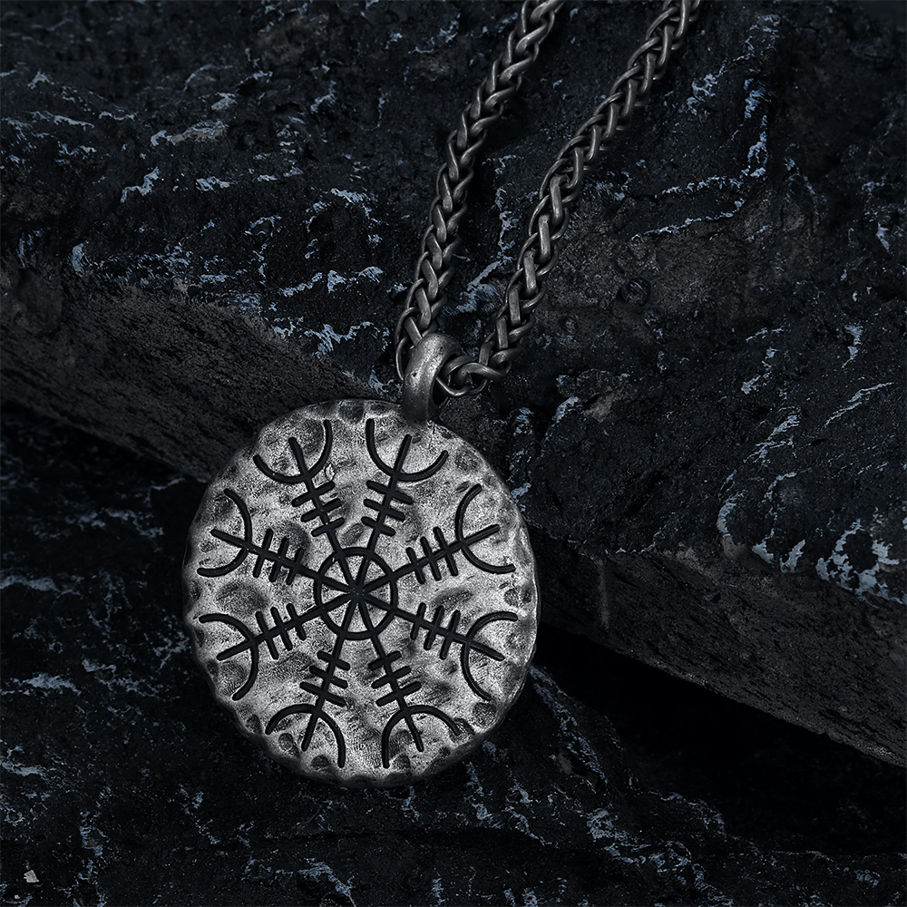 Aegishjalmur Helm of Awe Vegvisir Viking Compass Double Sided Pendant, Nordic Viking Amulet 316L Stainless Steel Unisex Necklace