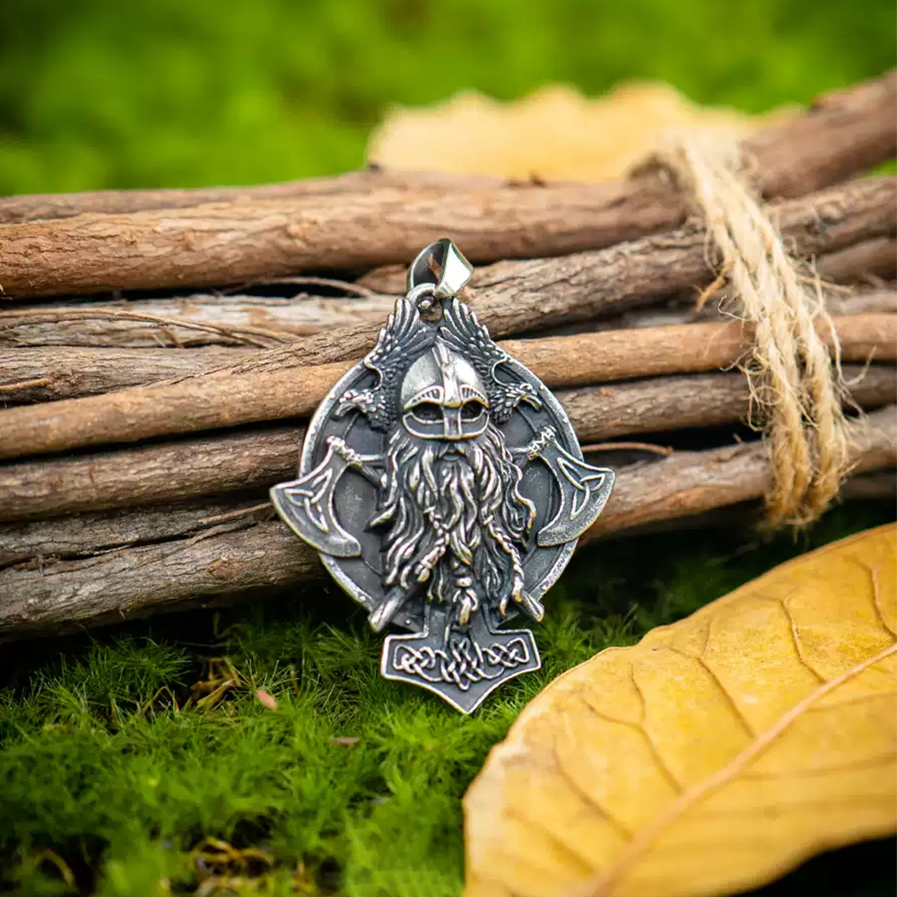 Norse Viking Odin Raven Double Axe Embossed Pendant | Odin God Huginn & Muninn Amulet, 316L Stainless Steel Unisex Protection Necklace