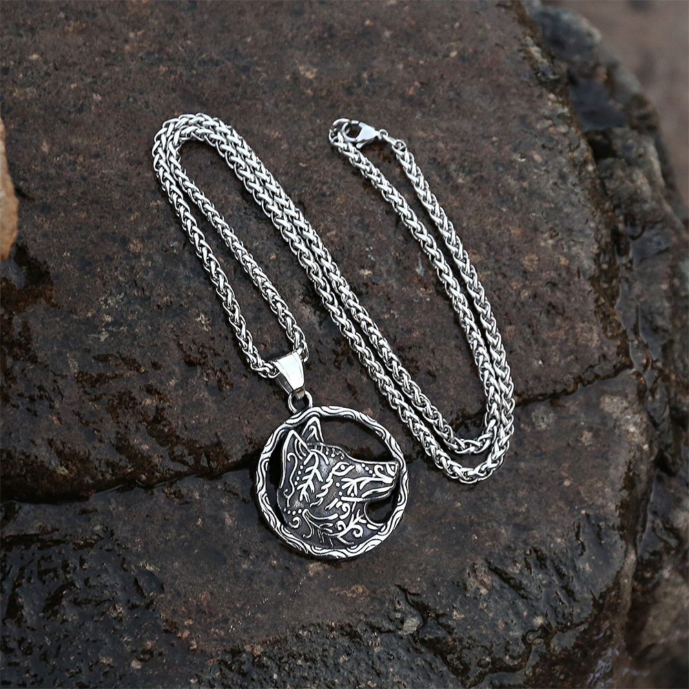 Norse Viking Fenrir Wolf Openwork Round Pendant | Celtic Vine Wolf Head Amulet, 316L Stainless Steel Unisex Strength Protection Necklace