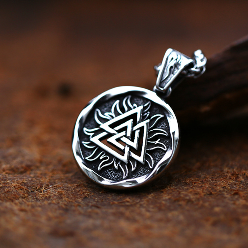 Norse Viking Valknut Sun Flame Round Pendant | Odin Triangle Knot Warrior Amulet, 316L Stainless Steel Unisex Victory Protection Necklace