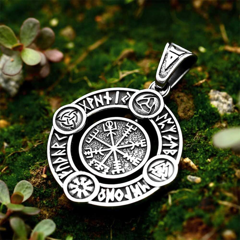 Norse Rotatable Viking Vegvísir Rune Circle Pendant | Elder Futhark Multi-Symbol Amulet, 316L Stainless Steel Unisex Journey Protection Necklace