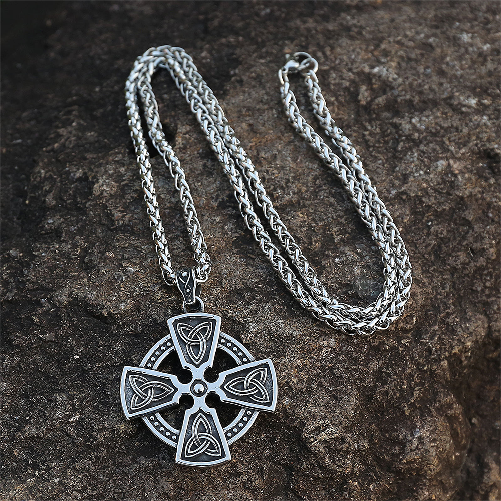 Norse Celtic Solar Cross Pendant | Triquetra Knot Eternal Protection Amulet, 316L Stainless Steel Unisex Viking Necklace