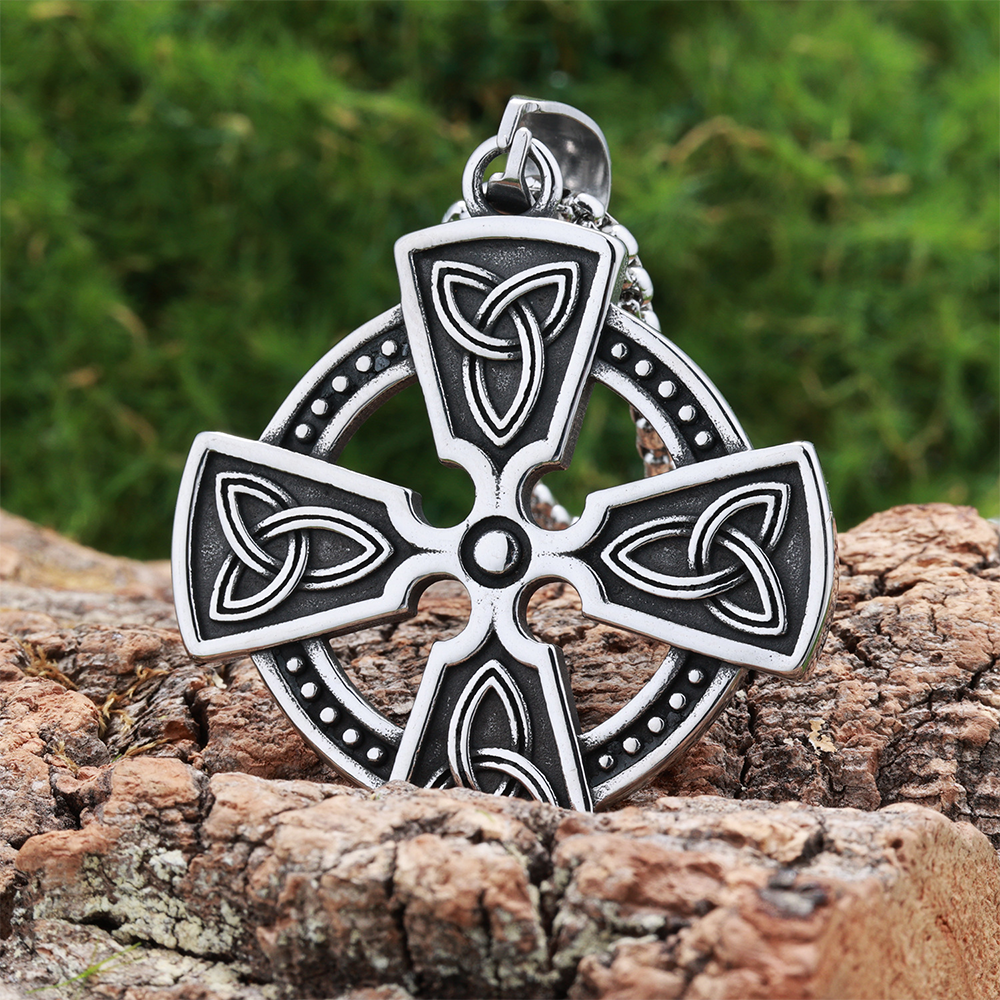 Norse Celtic Solar Cross Pendant | Triquetra Knot Eternal Protection Amulet, 316L Stainless Steel Unisex Viking Necklace