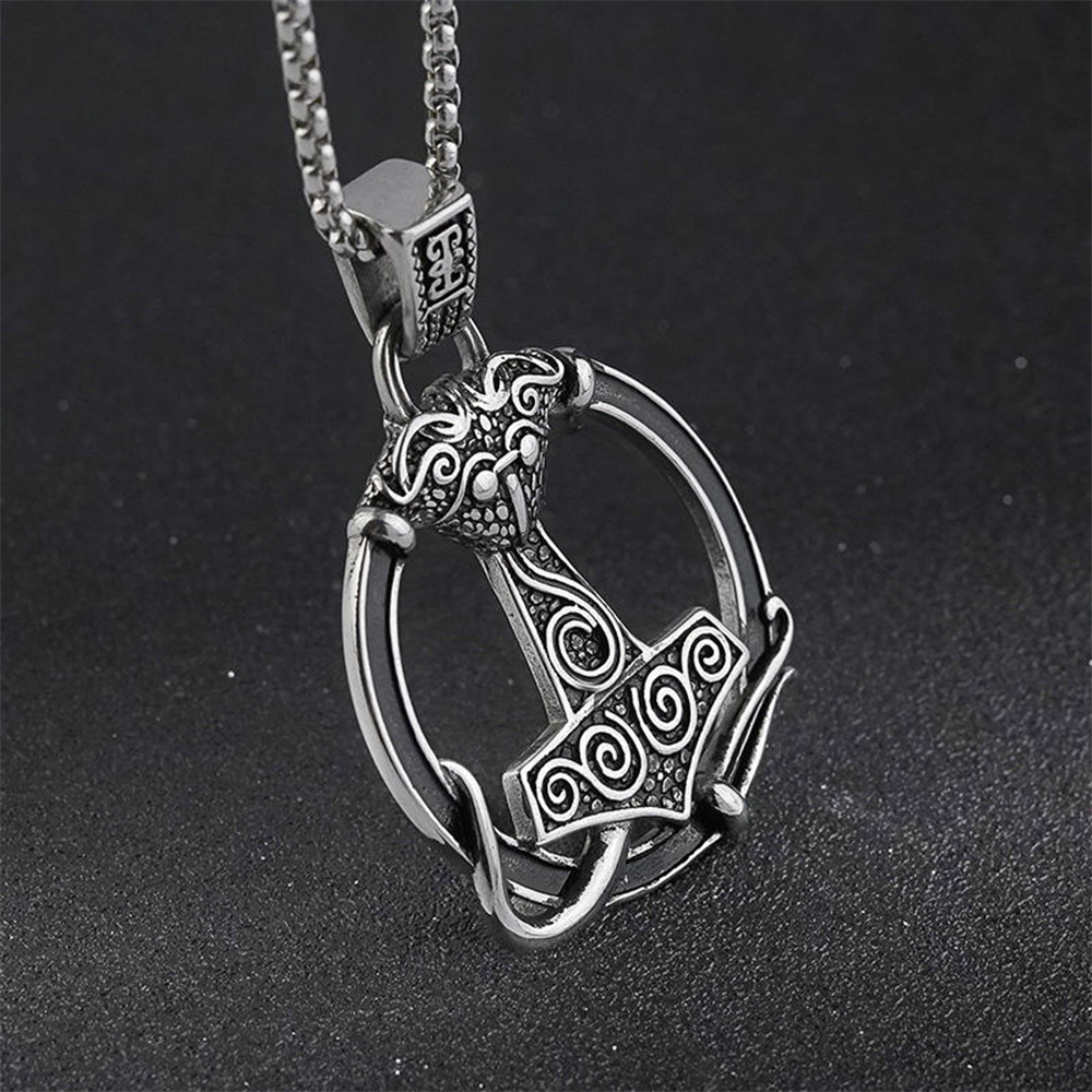 Norse Myth Ringed Serpent Mjolnir Pendant | Thor Hammer Protection Amulet, 316L Stainless Steel Unisex Viking Necklace