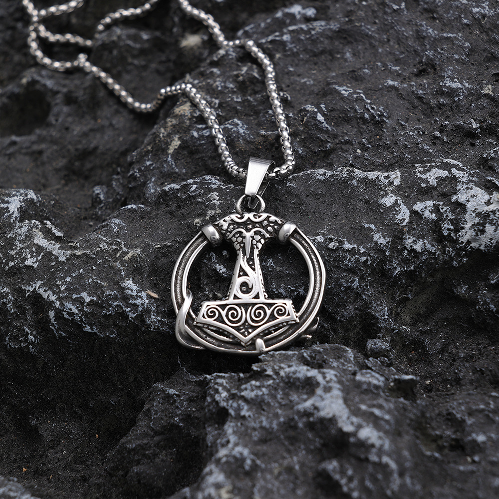 Norse Myth Ringed Serpent Mjolnir Pendant | Thor Hammer Protection Amulet, 316L Stainless Steel Unisex Viking Necklace