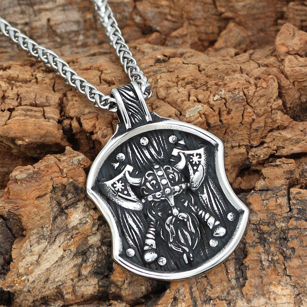 Norse Myth Shield Odin Pendant | Allfather Odin Twin Axe Viking Amulet, 316L Stainless Steel Unisex Necklace
