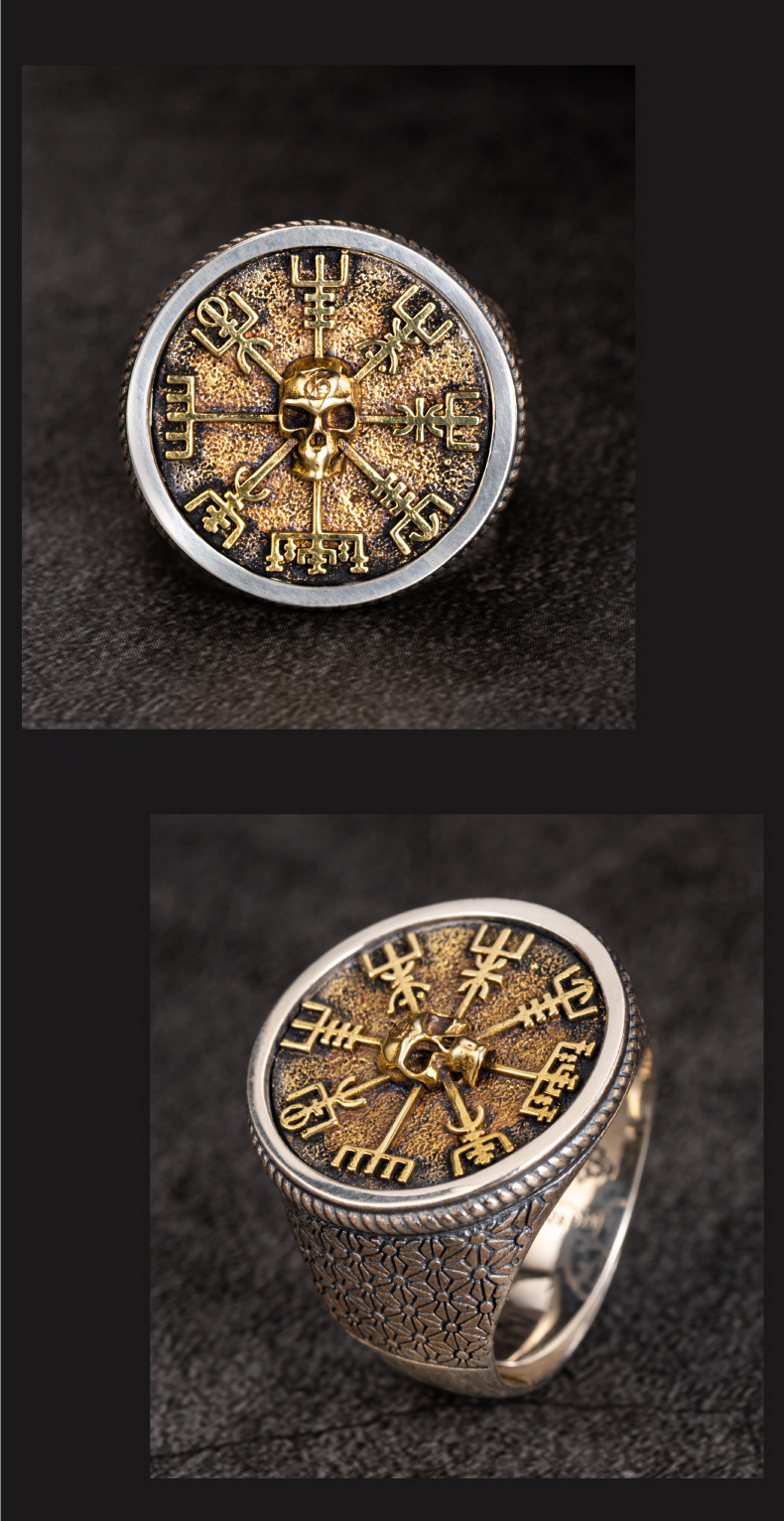 Norse Viking Skull Chief Vegvísir Compass Signet Ring | 925 Sterling Silver Gold Plated Norse Rune Protection Ring, Adjustable Unisex