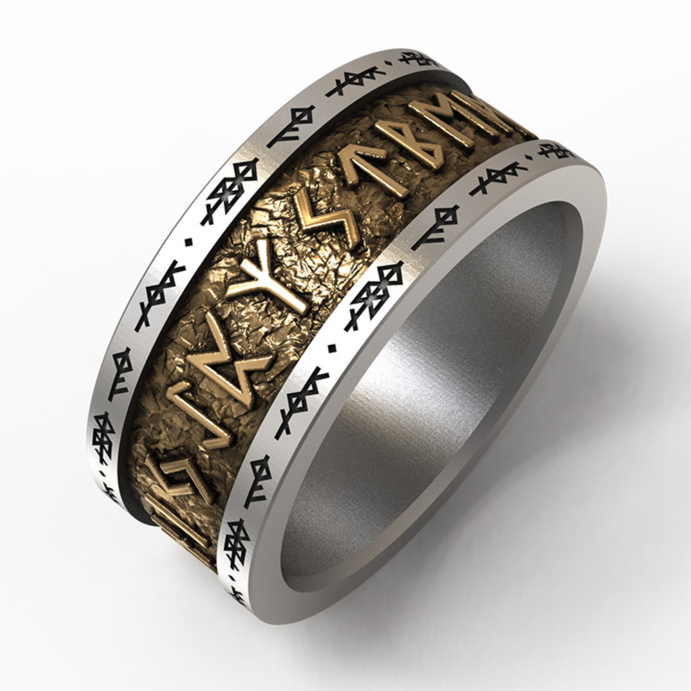 Norse Viking Elder Futhark Full Rune Band Ring | 925 Sterling Silver Gold Plated Rune Relief Protective Wide Unisex Ring