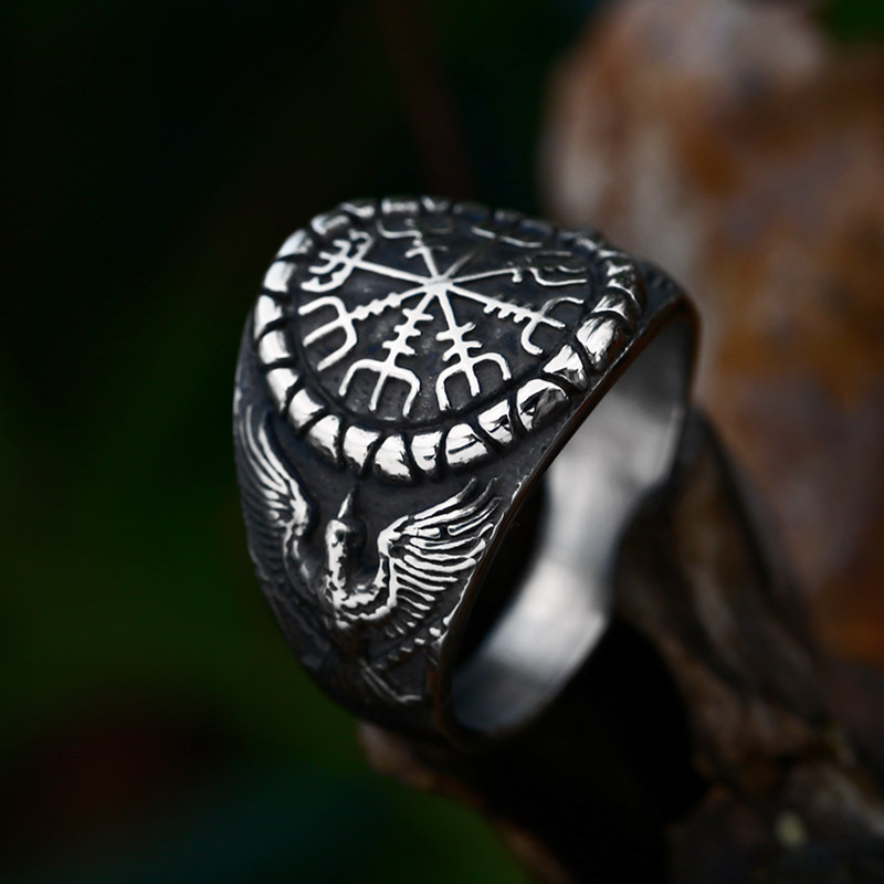 Norse Viking Vegvísir Compass Raven Signet Ring | 316L Stainless Steel Antique Norse Rune Protective Unisex Shield Ring