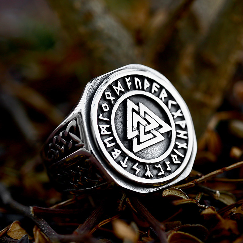 Norse Viking Valknut Triangle Knot Rune Signet Ring | 316L Stainless Steel Elder Futhark Odin Protective Unisex Shield Ring