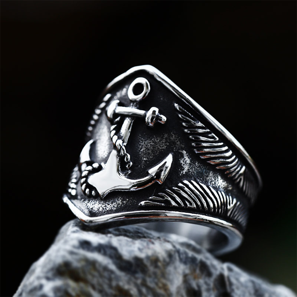 Norse Viking Anchor Ship Wheel Maritime Shield Ring | 316L Stainless Steel Antique Explorer Unisex Wide Band Ring