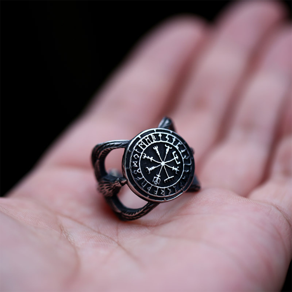 Norse Viking Vegvisir Wayfinder Raven Openwork Ring | 316L Stainless Steel Antique Unisex Travel Protective Ring