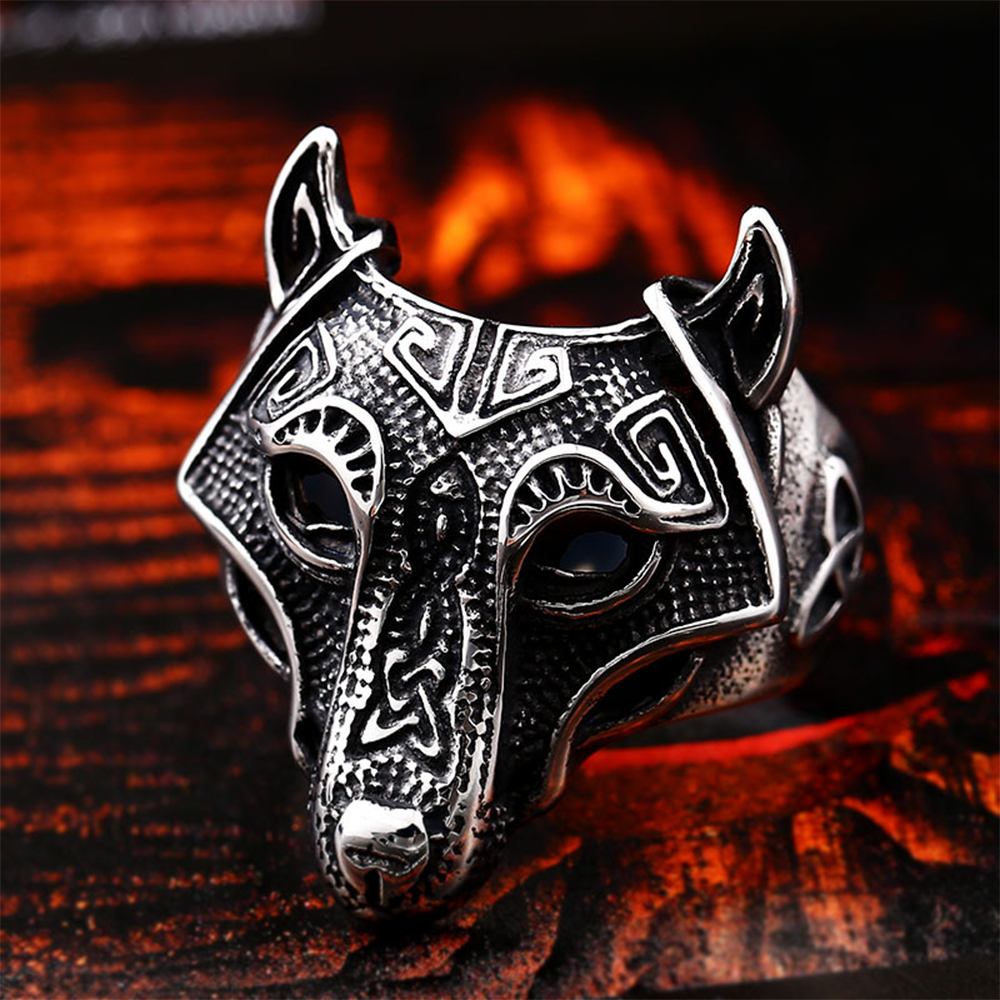 Viking Fenrir Wolf Head Celtic Triquetra Ring | 316L Stainless Steel Antique Engraved Unisex Norse Protective Band