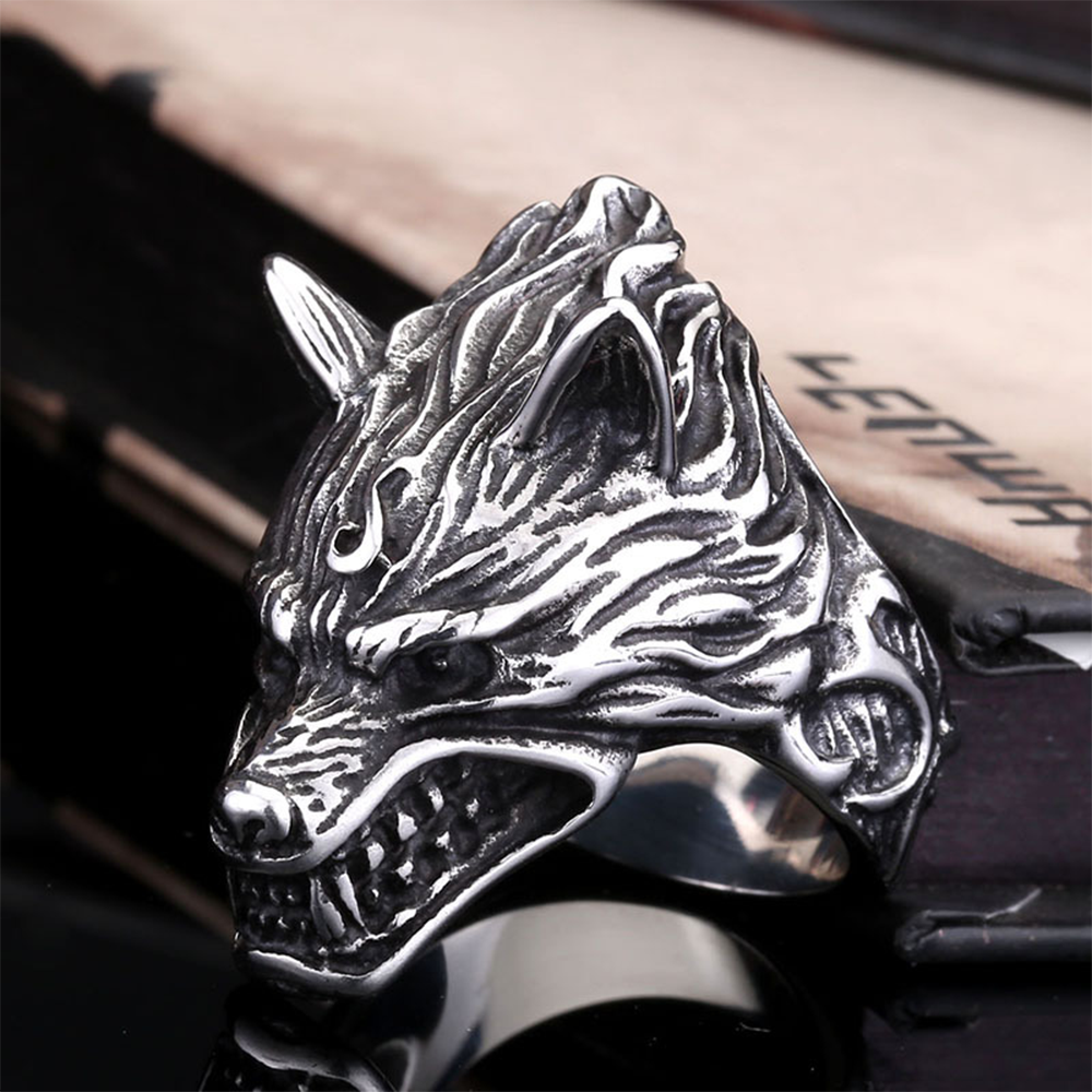 Viking Fenrir Roaring Wolf Head 3D Ring, 316L Stainless Steel Antique Embossed Norse Mythology Unisex Strength Amulet 