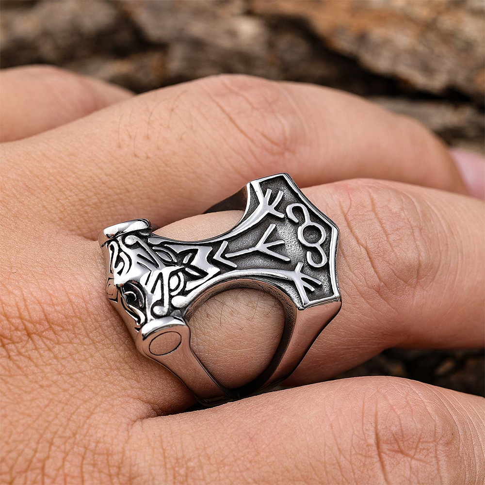 Viking Mjolnir Thor's Hammer Rune Ring | 316L Stainless Steel Antique Hollow Unisex Norse Protective Band