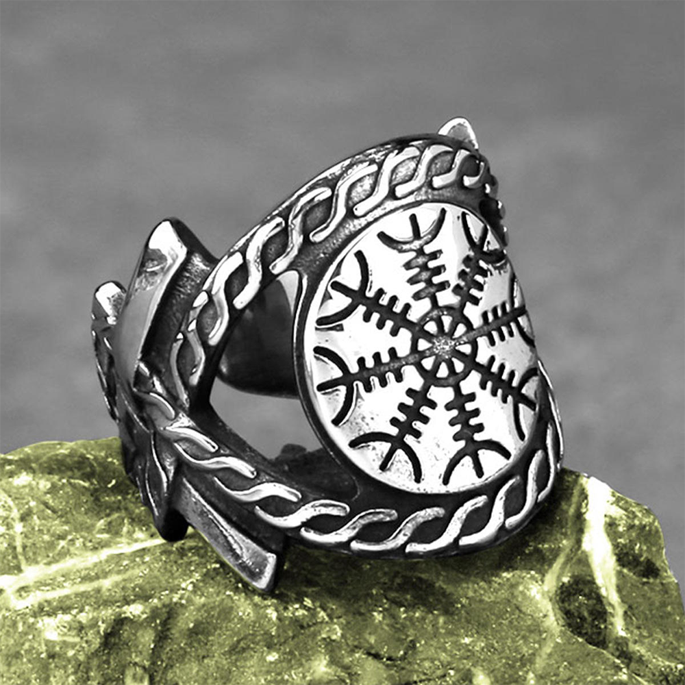 [Copy]Viking Mjolnir Thor's Hammer Rune Ring | 316L Stainless Steel Antique Hollow Unisex Norse Protective Band