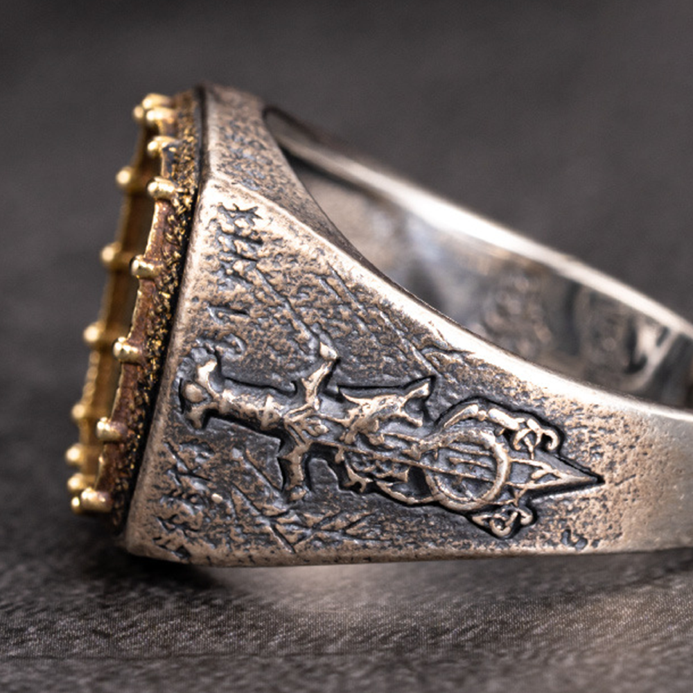 Viking Ægishjálmur Helm of Awe Signet Ring | Gold Plated Solid 925 Silver Antique Norse Protective Warrior Band