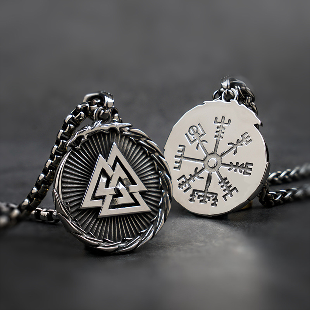Double Sided Viking Valknut Vegvisir Necklace | 316L Stainless Steel Norse Protective Pendant