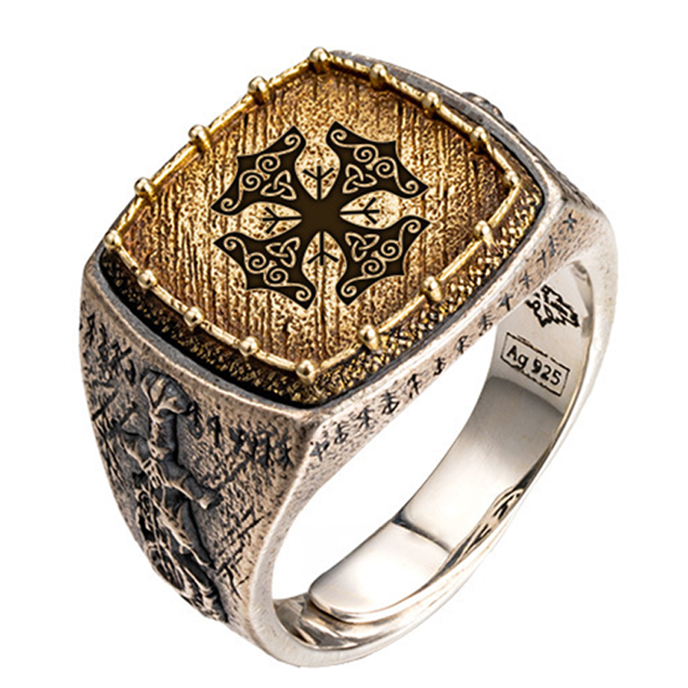 Norse Quad Triskele Signet Ring | Gold Plated Solid 925 Silver Antique Celtic Viking Protective Band