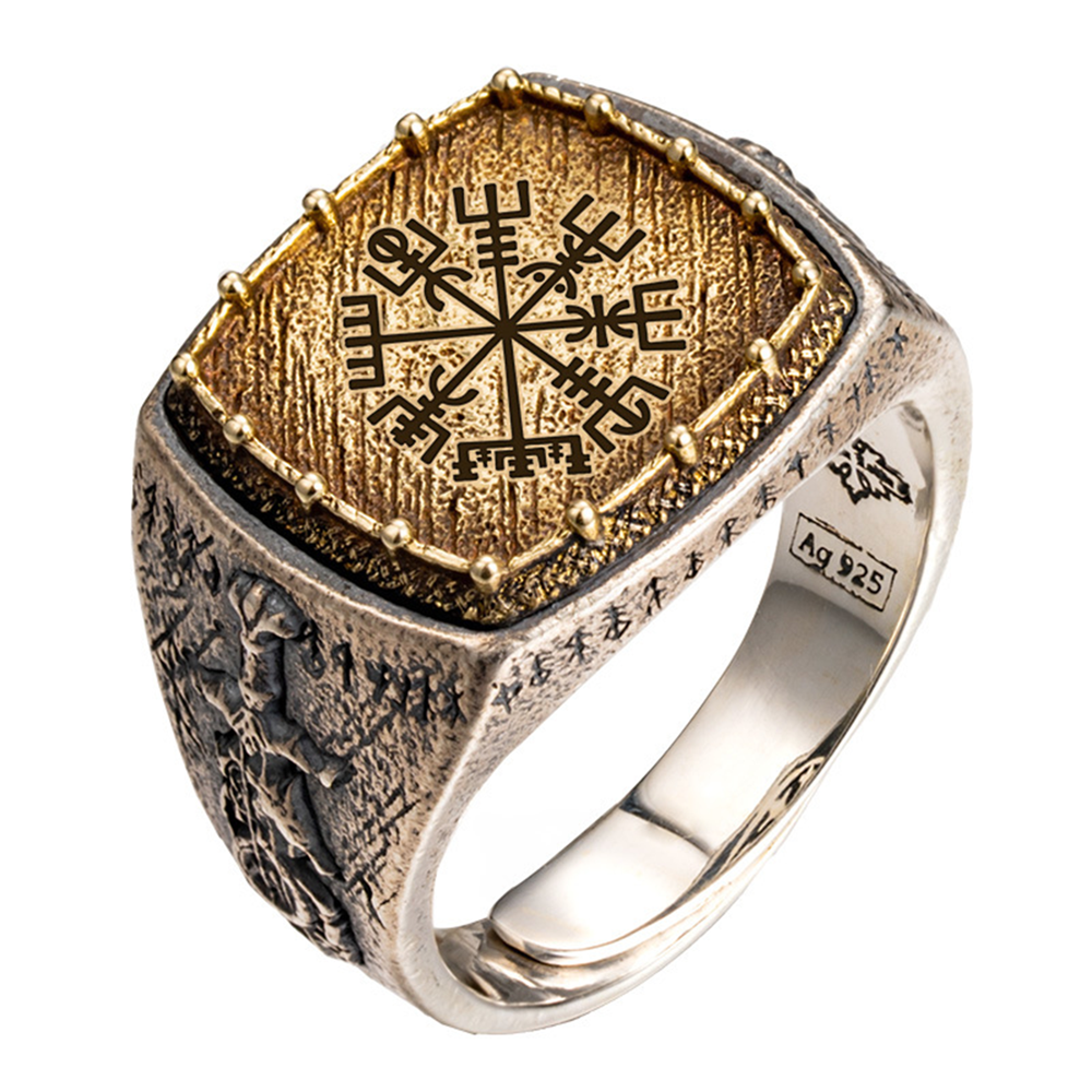 Viking Ægishjálmur Helm of Awe Signet Ring | Gold Plated Solid Silver Antique Norse Protective Band